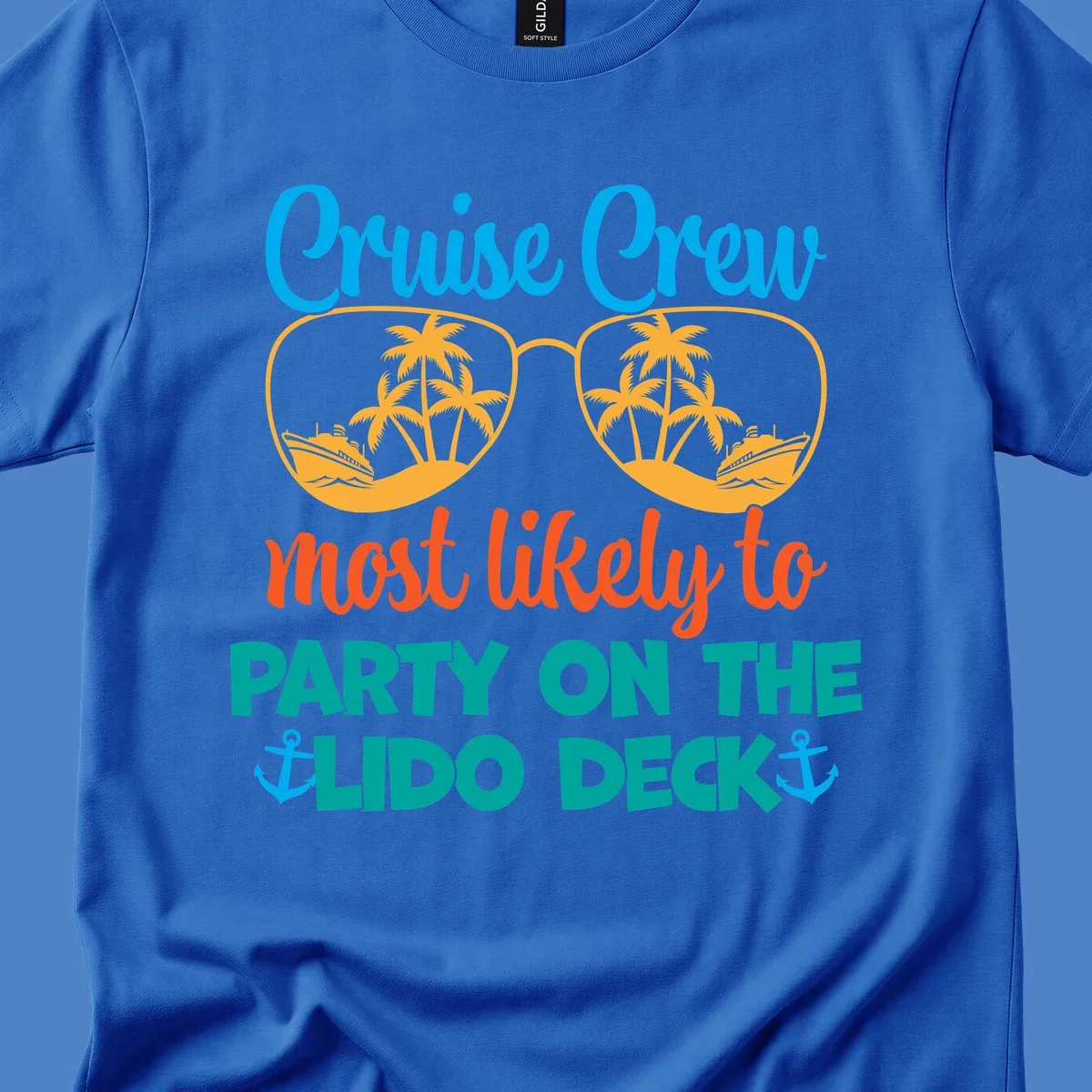 Colorful cruise crew lido deck design with sunglasses containing palm trees and ships, anchors, and playful party text