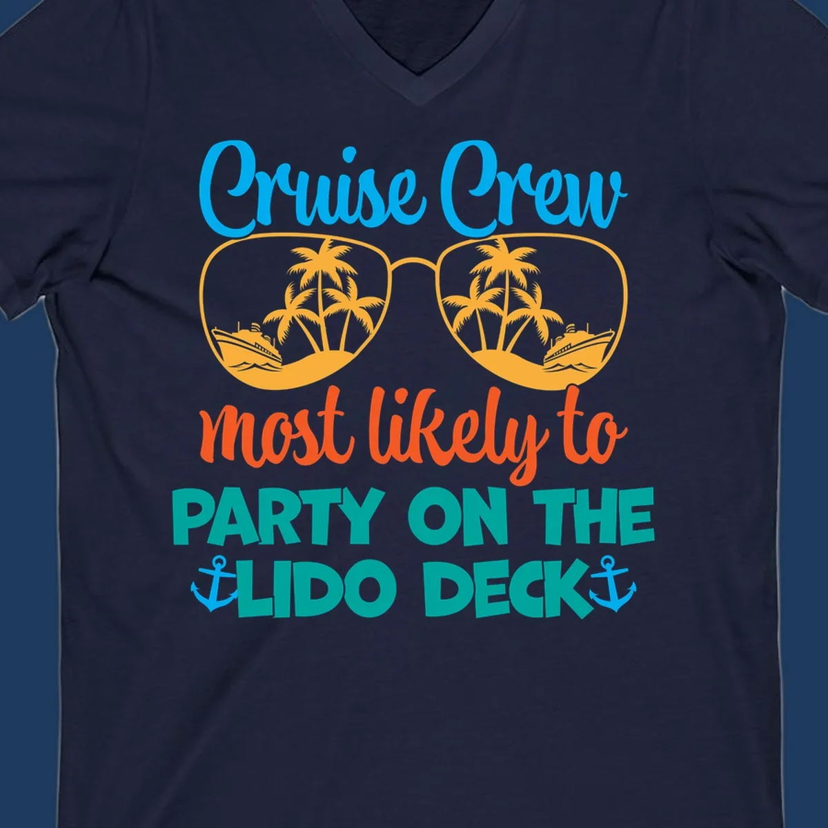 Colorful cruise crew lido deck design with sunglasses containing palm trees and ships, anchors, and playful party text