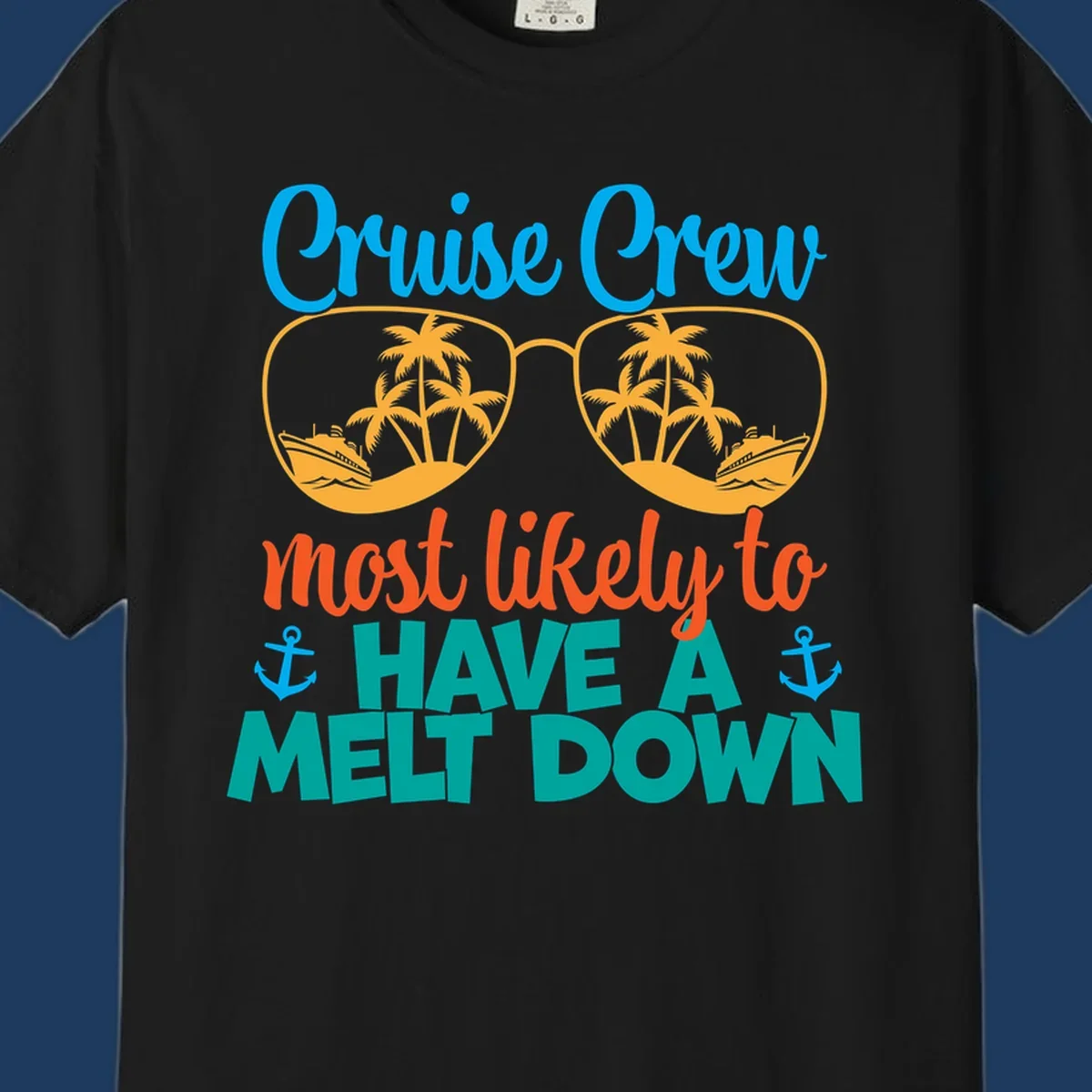 Colorful cruise crew melt down design with sunglasses containing palm trees and ships, playful vacation-themed text art
