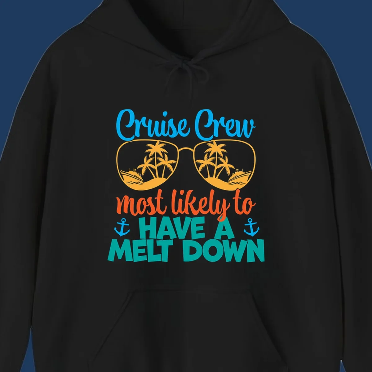 Colorful cruise crew melt down design with sunglasses containing palm trees and ships, playful vacation-themed text art