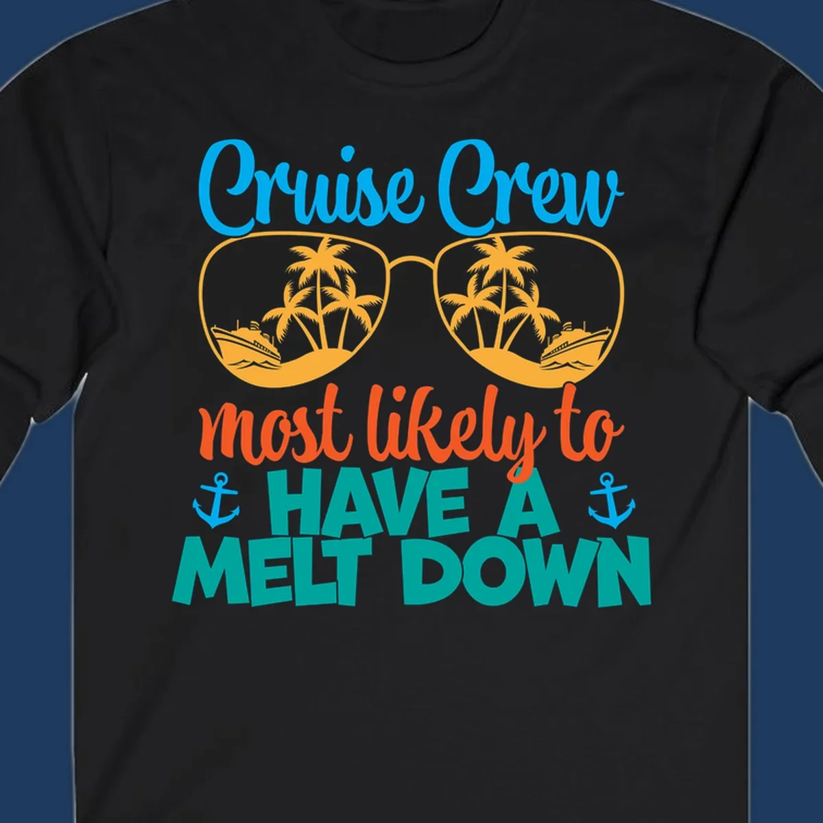 Colorful cruise crew melt down design with sunglasses containing palm trees and ships, playful vacation-themed text art