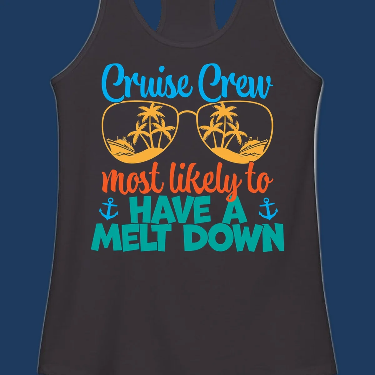Colorful cruise crew melt down design with sunglasses containing palm trees and ships, playful vacation-themed text art