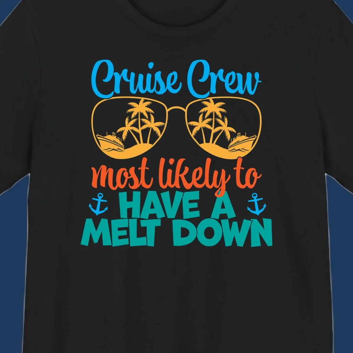 Colorful cruise crew melt down design with sunglasses containing palm trees and ships, playful vacation-themed text art