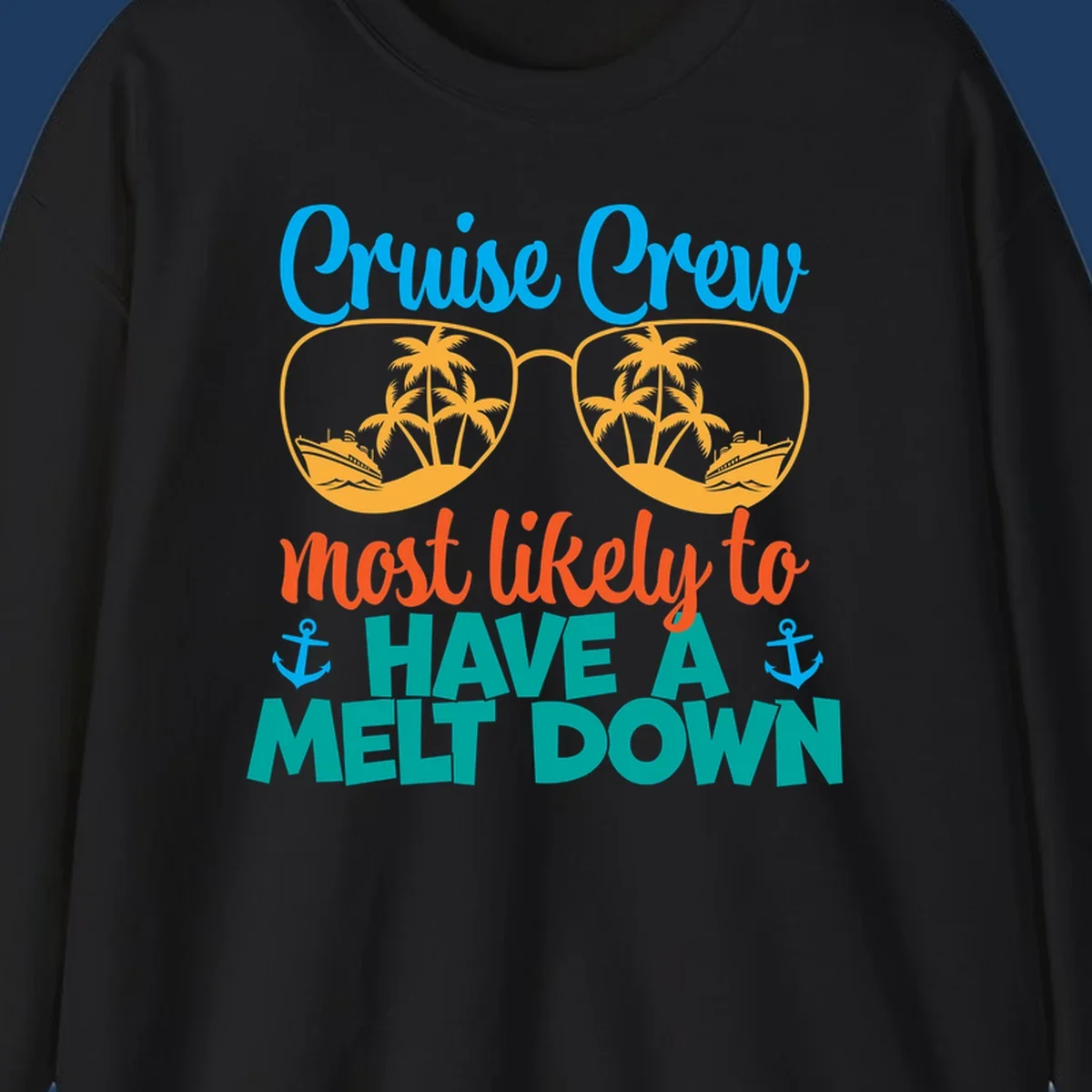 Colorful cruise crew melt down design with sunglasses containing palm trees and ships, playful vacation-themed text art
