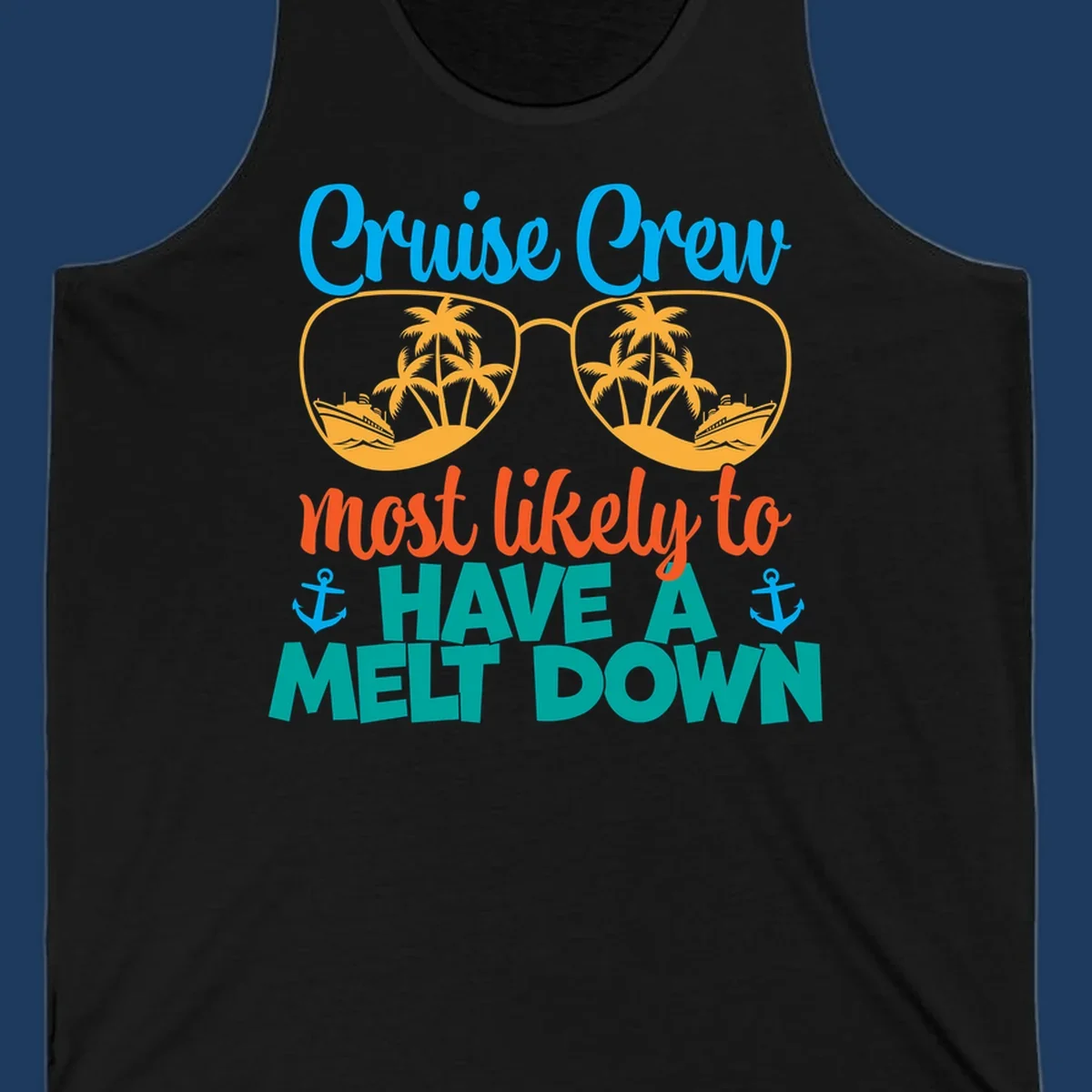 Colorful cruise crew melt down design with sunglasses containing palm trees and ships, playful vacation-themed text art