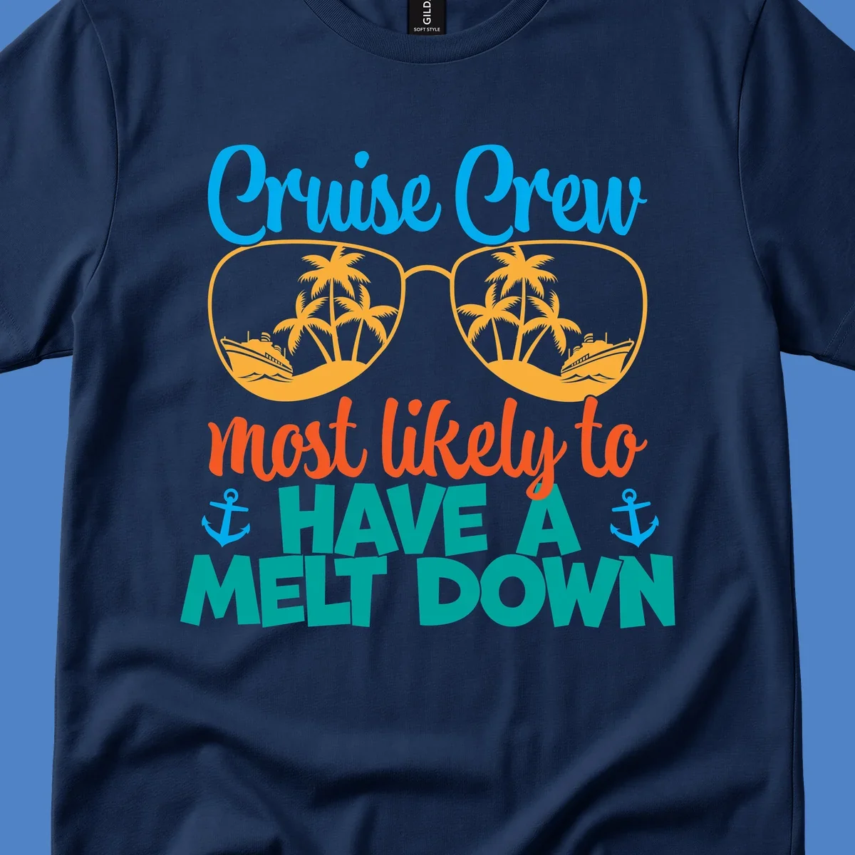 Colorful cruise crew melt down design with sunglasses containing palm trees and ships, playful vacation-themed text art