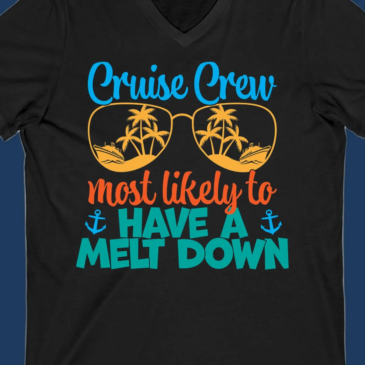 Colorful cruise crew melt down design with sunglasses containing palm trees and ships, playful vacation-themed text art