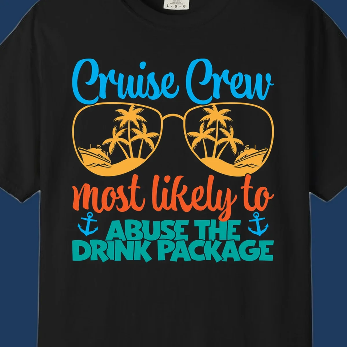 Cruise crew drink package humor design with sunglasses containing tropical beach and ship scenes