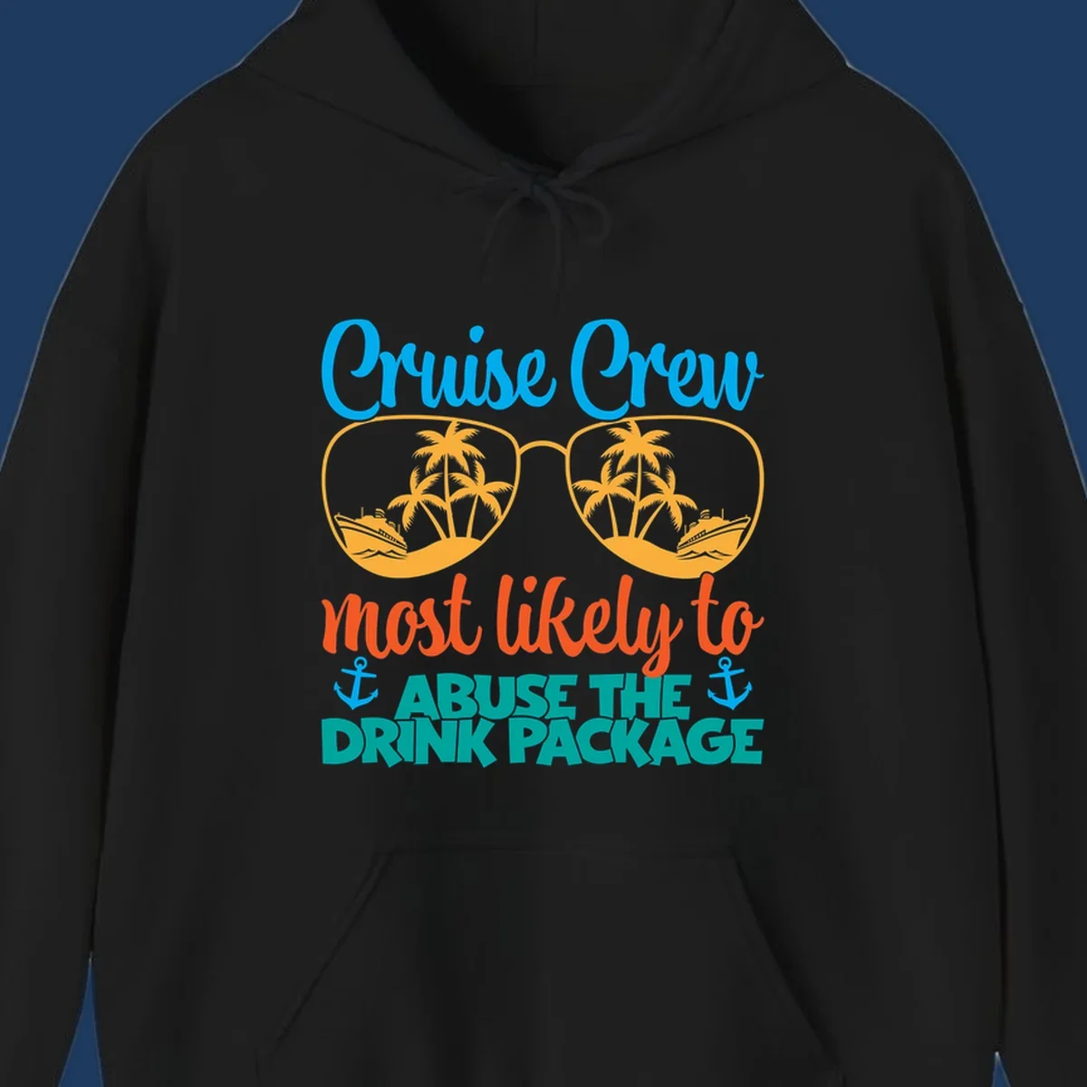 Cruise crew drink package humor design with sunglasses containing tropical beach and ship scenes