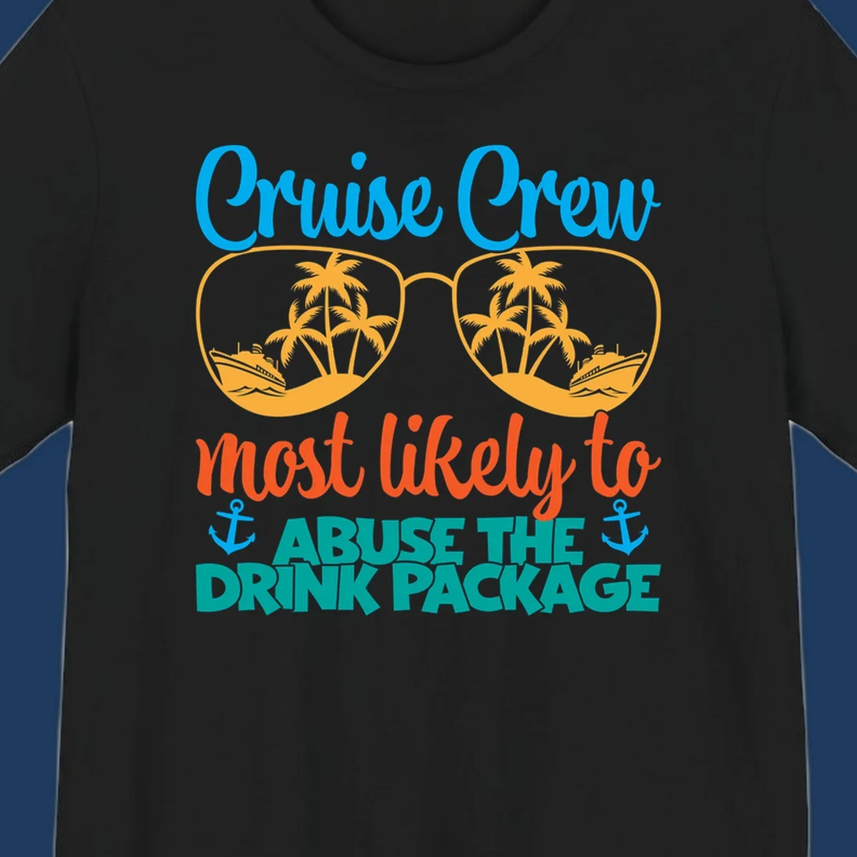 Cruise crew drink package humor design with sunglasses containing tropical beach and ship scenes