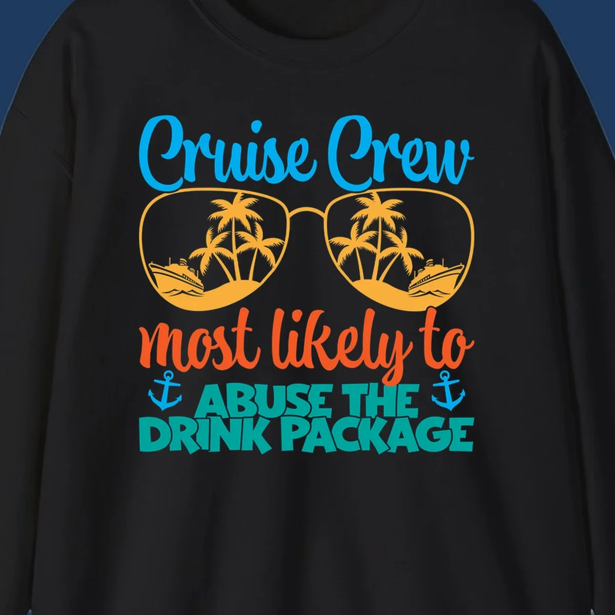 Cruise crew drink package humor design with sunglasses containing tropical beach and ship scenes
