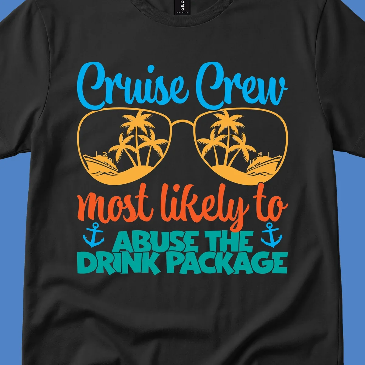 Cruise crew drink package humor design with sunglasses containing tropical beach and ship scenes