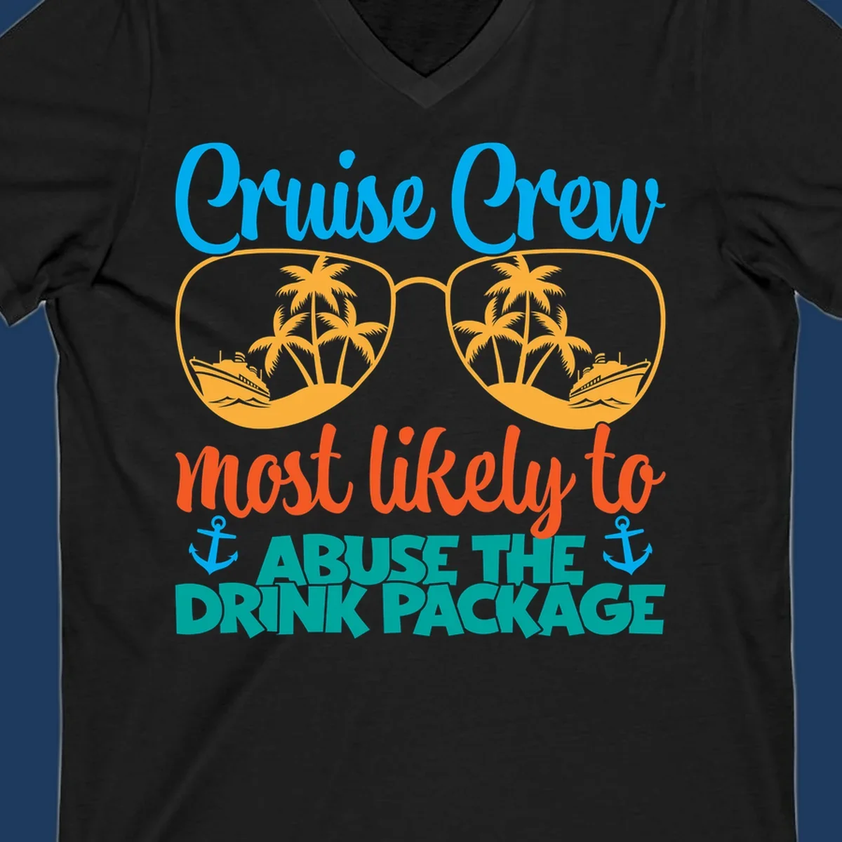 Cruise crew drink package humor design with sunglasses containing tropical beach and ship scenes