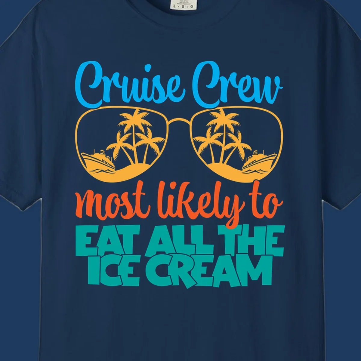 Cruise crew ice cream design with sunglasses, palm trees, and ships on turquoise water with bold colorful text