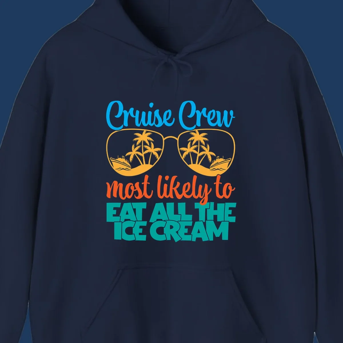 Cruise crew ice cream design with sunglasses, palm trees, and ships on turquoise water with bold colorful text