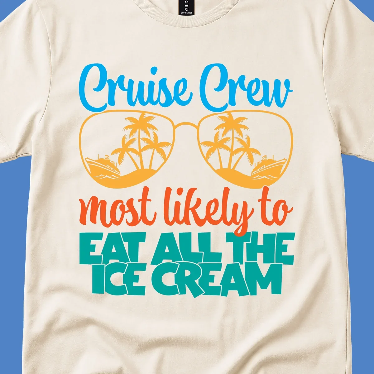 Cruise crew ice cream design with sunglasses, palm trees, and ships on turquoise water with bold colorful text