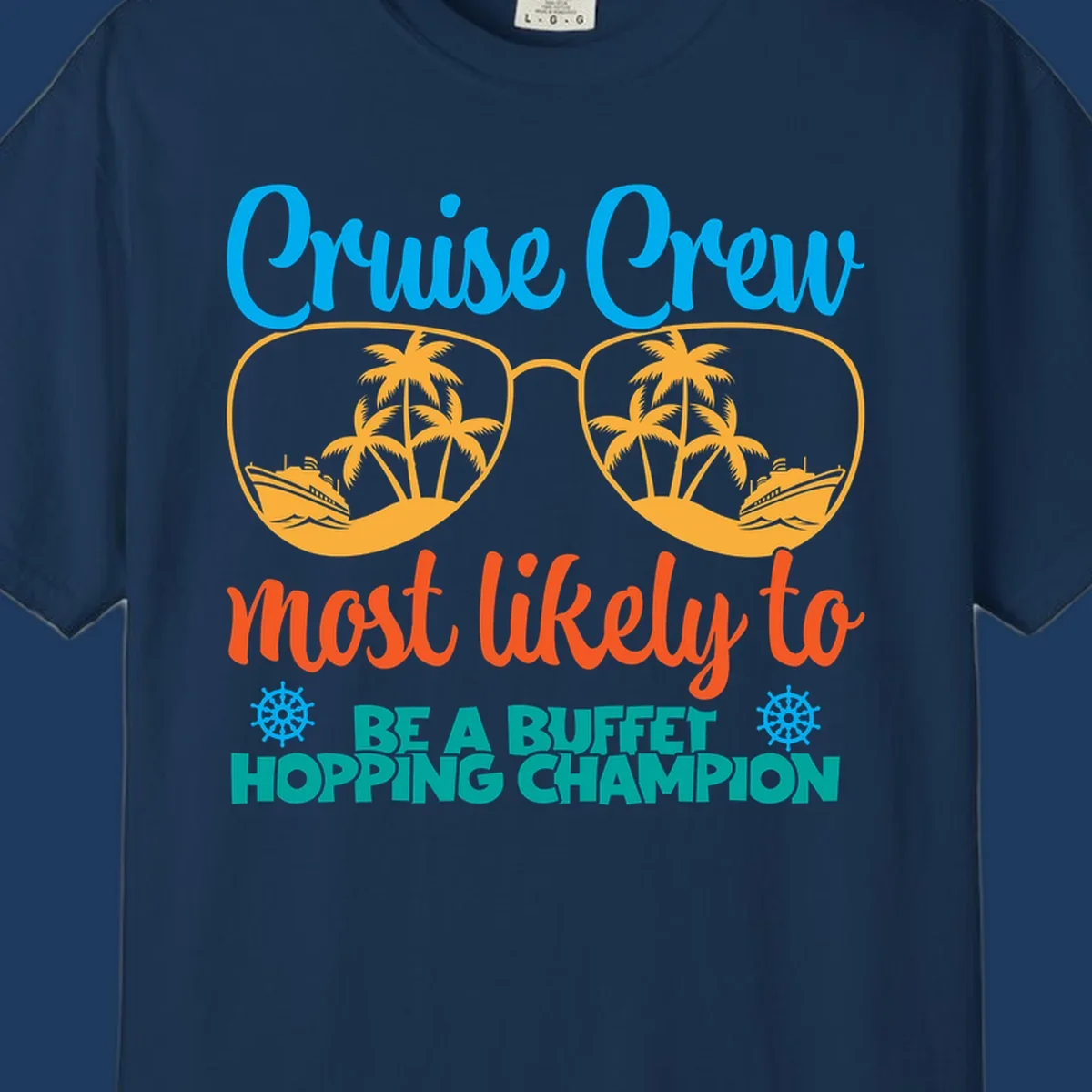 Colorful cruise buffet champion design with sunglasses containing palm trees and ships, featuring bold text about cruise crew buffet hopping