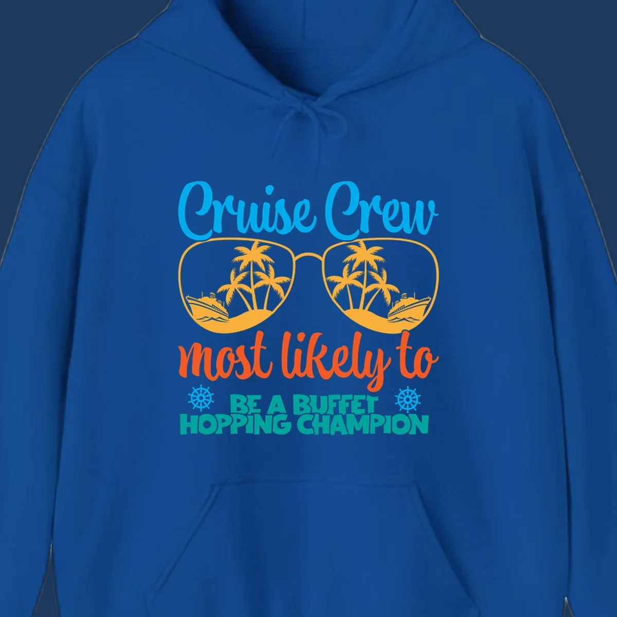 Colorful cruise buffet champion design with sunglasses containing palm trees and ships, featuring bold text about cruise crew buffet hopping