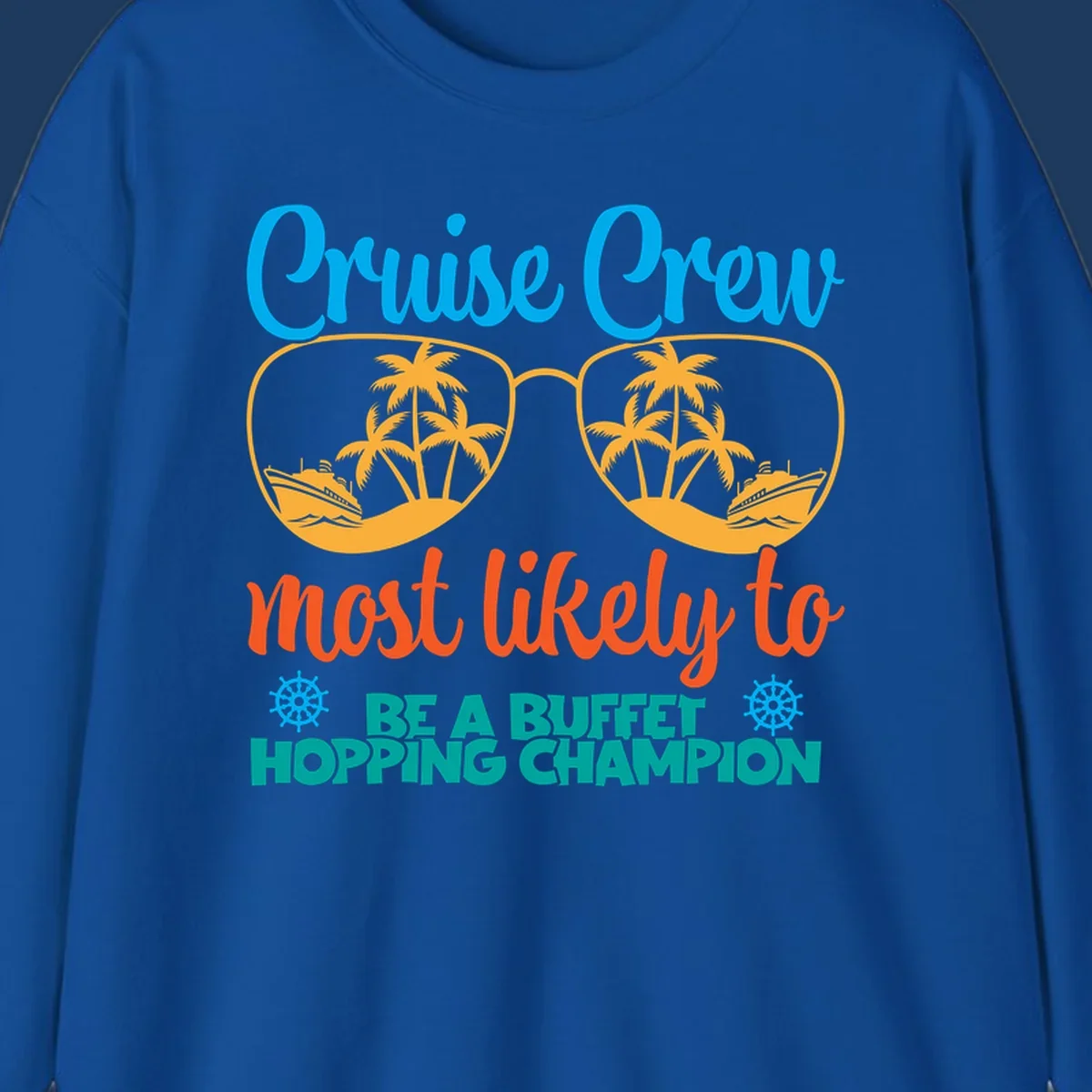 Colorful cruise buffet champion design with sunglasses containing palm trees and ships, featuring bold text about cruise crew buffet hopping
