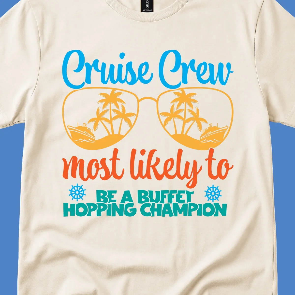 Colorful cruise buffet champion design with sunglasses containing palm trees and ships, featuring bold text about cruise crew buffet hopping