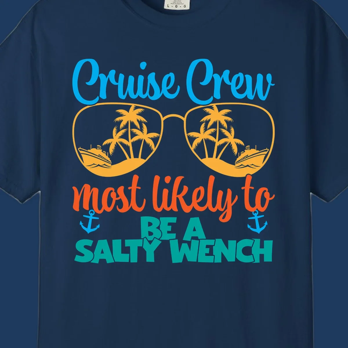 Salty wench cruise crew design with sunglasses containing palm trees and ships, tropical vacation humor graphic