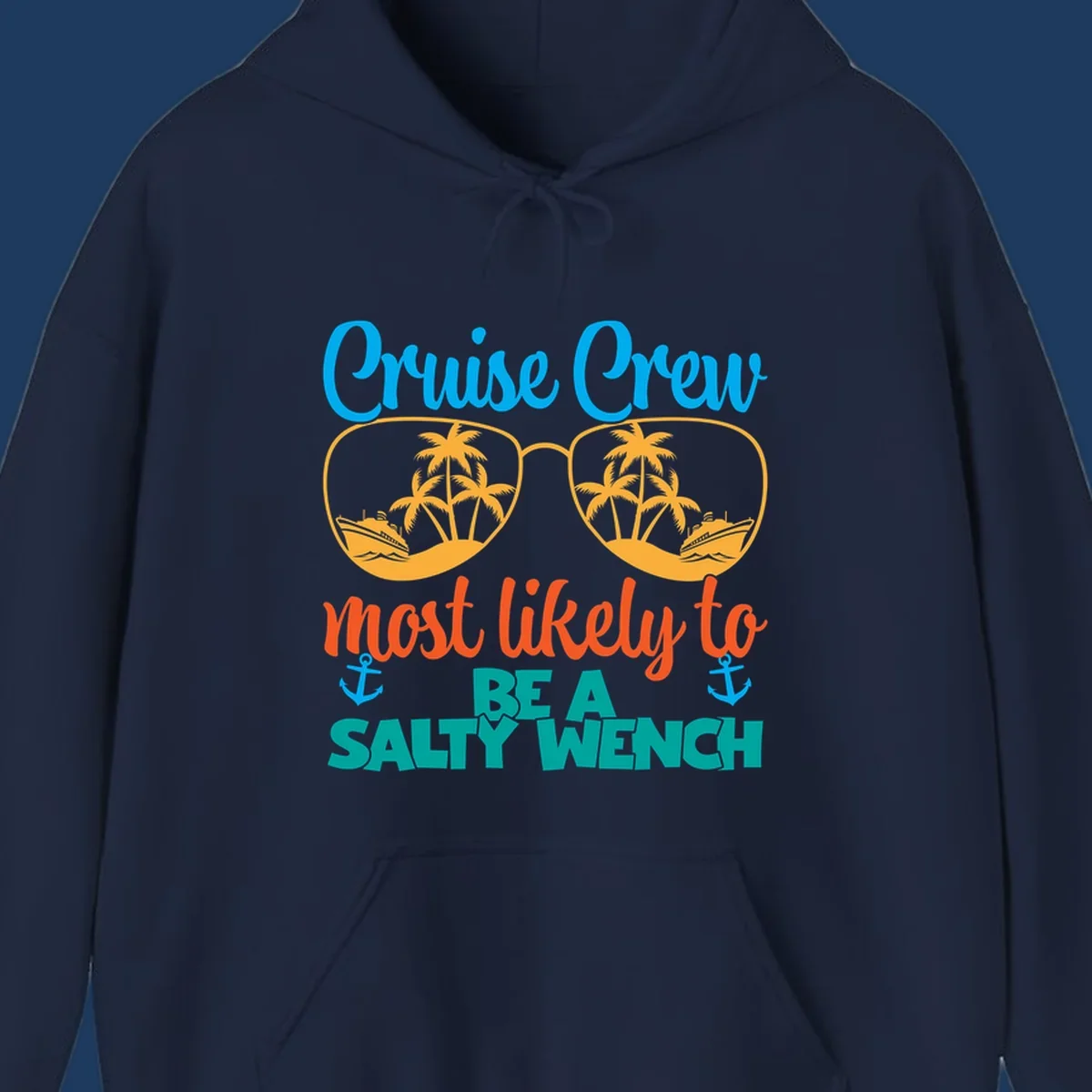 Salty wench cruise crew design with sunglasses containing palm trees and ships, tropical vacation humor graphic