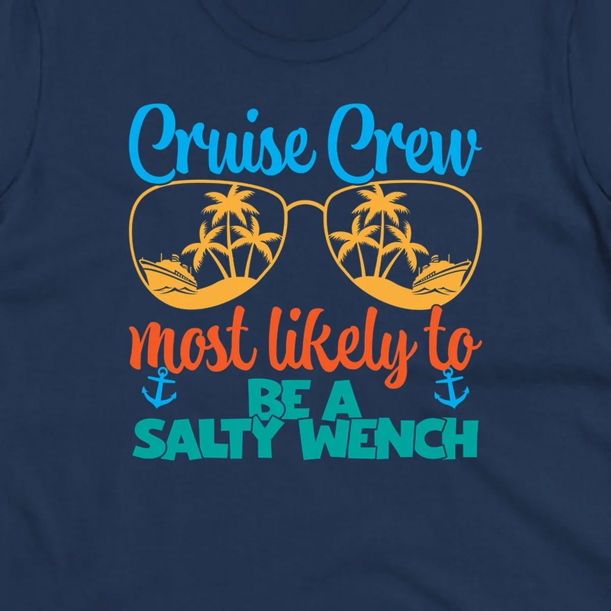 Salty wench cruise crew design with sunglasses containing palm trees and ships, tropical vacation humor graphic