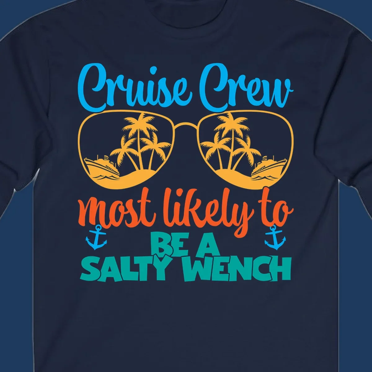 Salty wench cruise crew design with sunglasses containing palm trees and ships, tropical vacation humor graphic