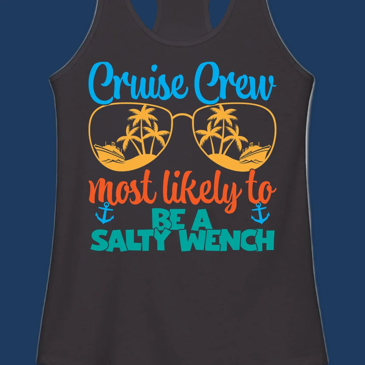 Salty wench cruise crew design with sunglasses containing palm trees and ships, tropical vacation humor graphic