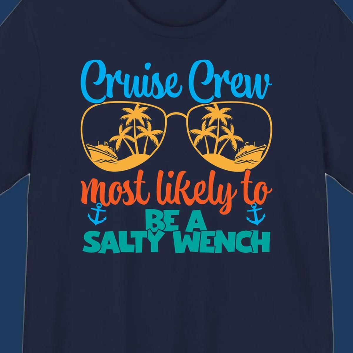 Salty wench cruise crew design with sunglasses containing palm trees and ships, tropical vacation humor graphic