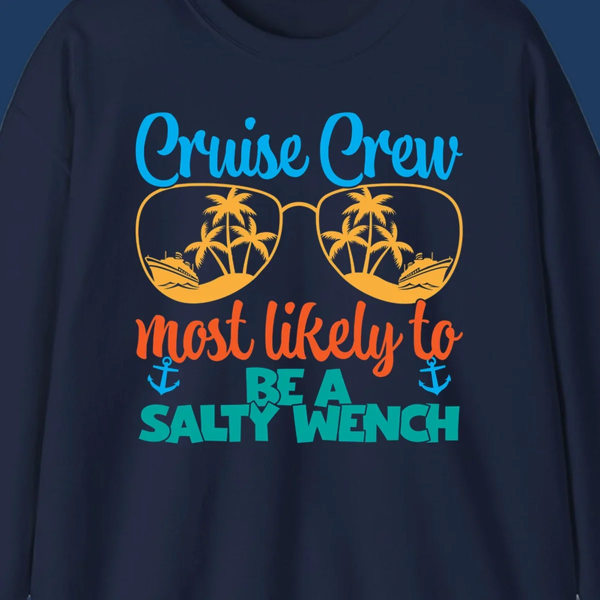 Salty wench cruise crew design with sunglasses containing palm trees and ships, tropical vacation humor graphic