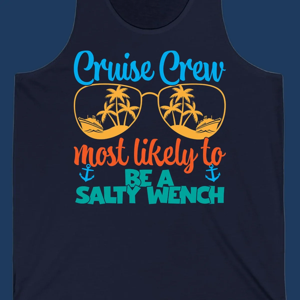 Salty wench cruise crew design with sunglasses containing palm trees and ships, tropical vacation humor graphic