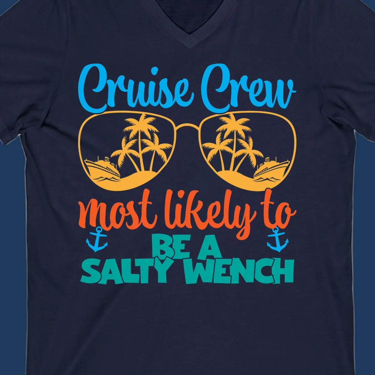 Salty wench cruise crew design with sunglasses containing palm trees and ships, tropical vacation humor graphic