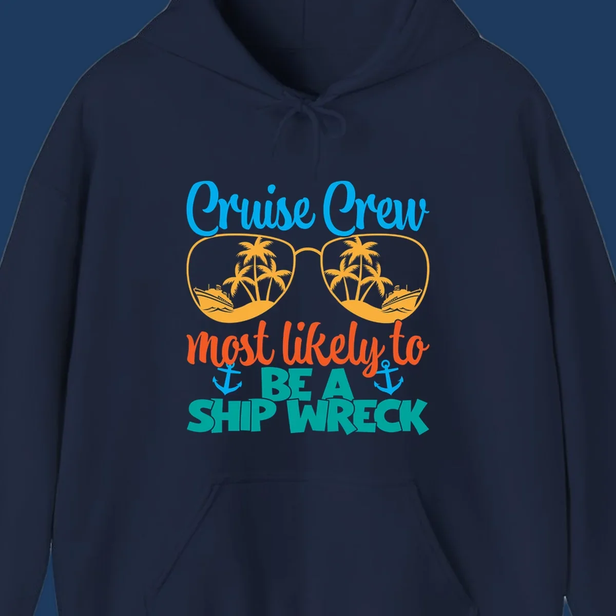 Colorful cruise crew ship wreck design with oversized sunglasses showing palm trees and ships, humorous nautical text