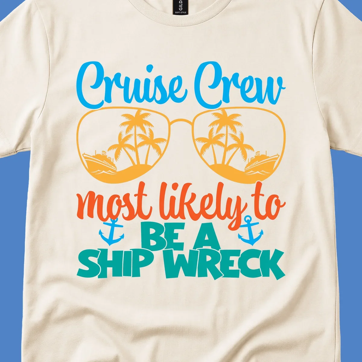 Colorful cruise crew ship wreck design with oversized sunglasses showing palm trees and ships, humorous nautical text