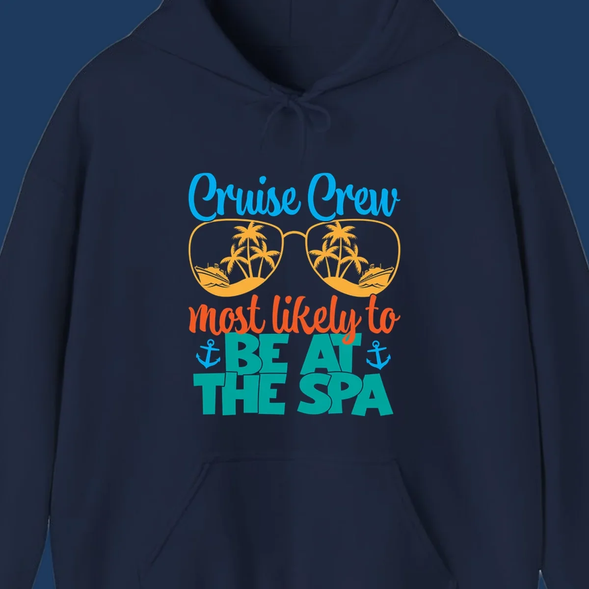 Cruise crew sunglasses design with palm trees and ships, text reads 'Most likely to be at the sea' with anchors