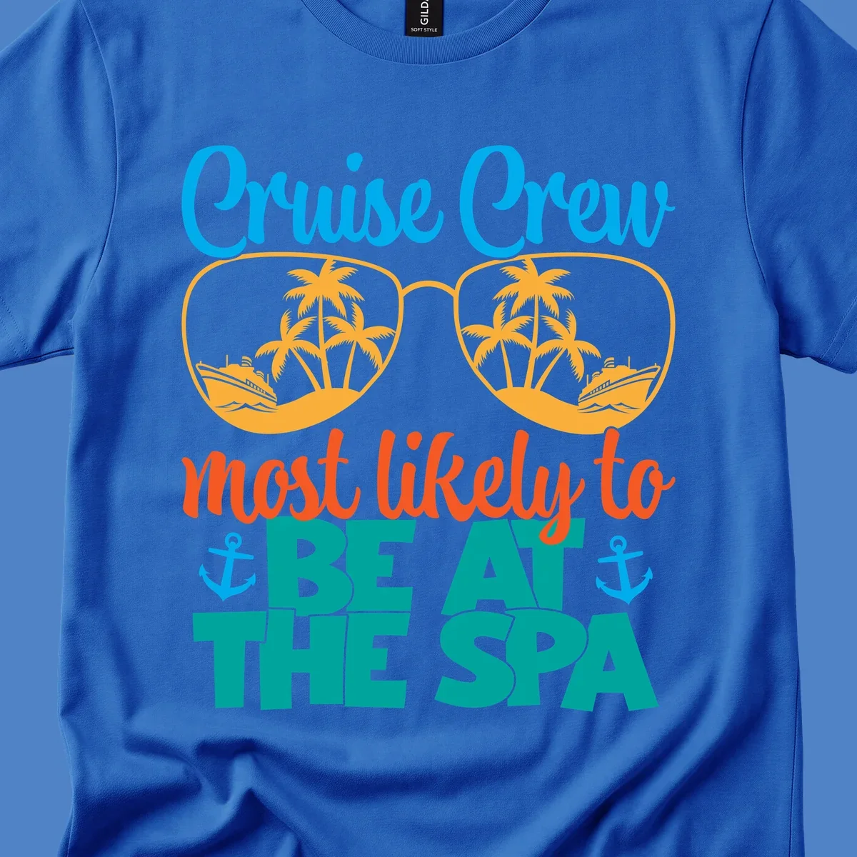 Cruise crew sunglasses design with palm trees and ships, text reads 'Most likely to be at the sea' with anchors