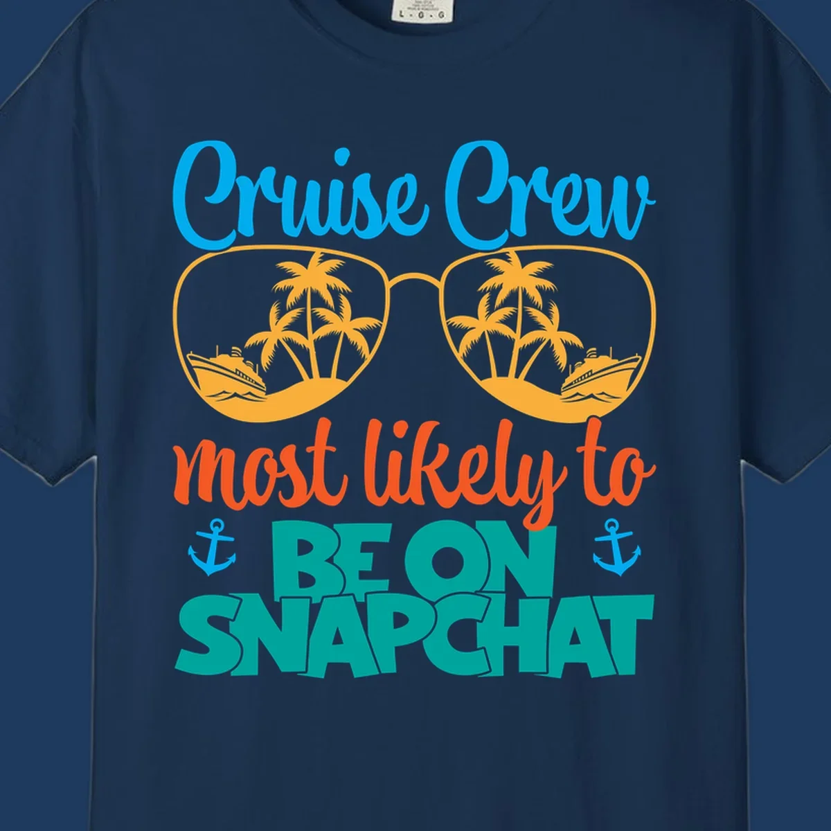 Colorful cruise crew snapchat design with sunglasses containing palm trees and ships, tropical nautical theme