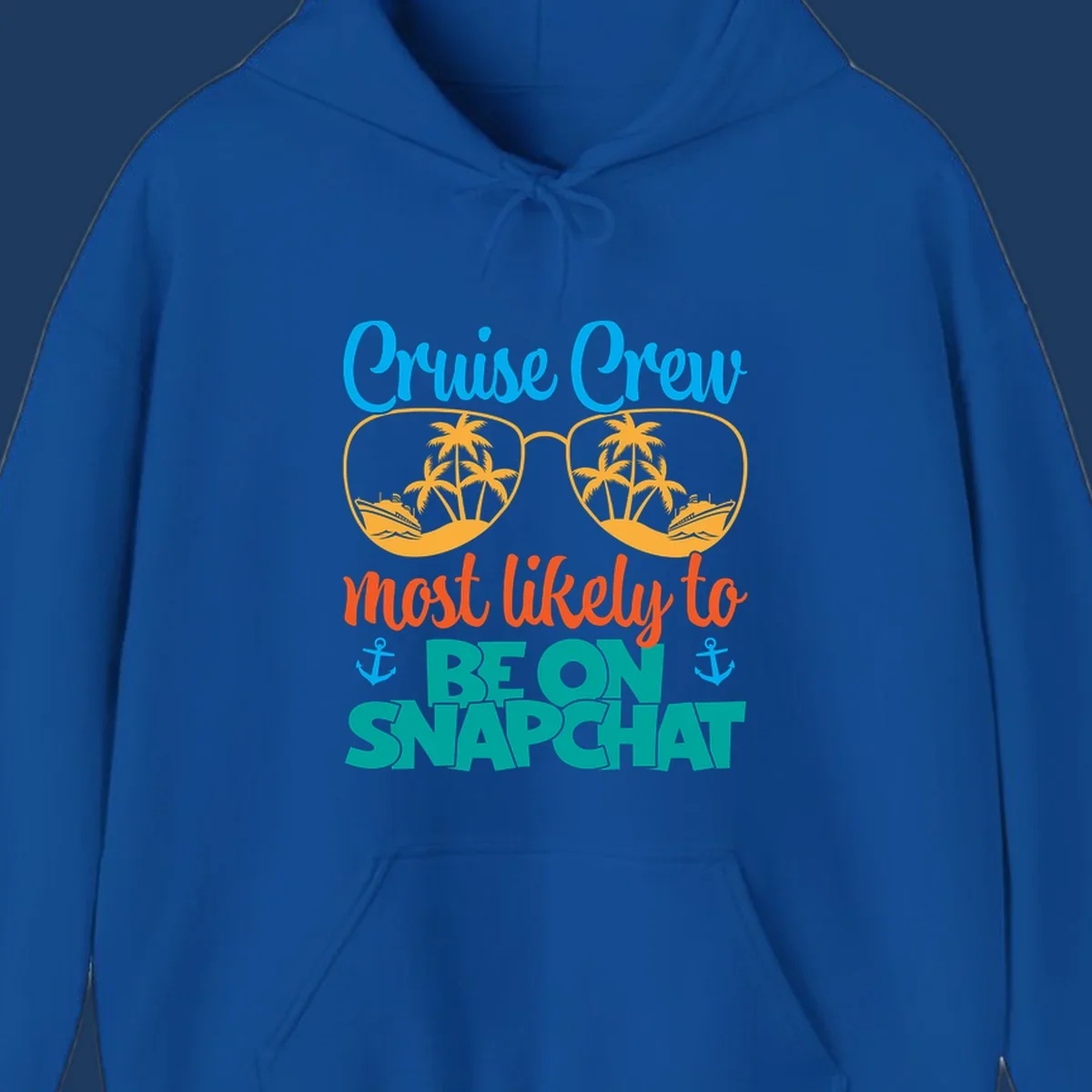 Colorful cruise crew snapchat design with sunglasses containing palm trees and ships, tropical nautical theme