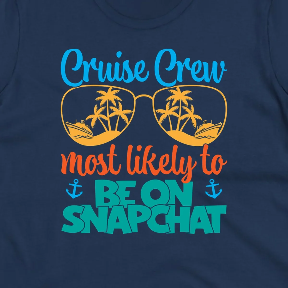 Colorful cruise crew snapchat design with sunglasses containing palm trees and ships, tropical nautical theme