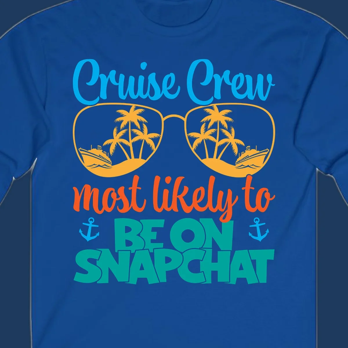 Colorful cruise crew snapchat design with sunglasses containing palm trees and ships, tropical nautical theme