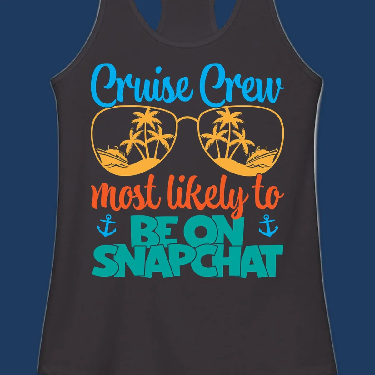 Colorful cruise crew snapchat design with sunglasses containing palm trees and ships, tropical nautical theme