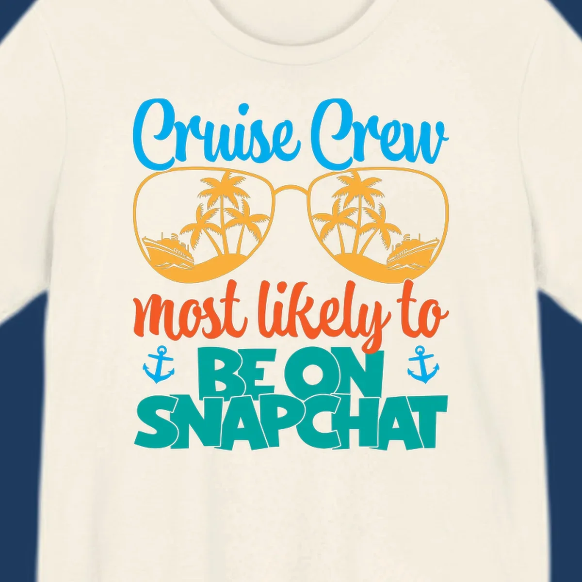 Colorful cruise crew snapchat design with sunglasses containing palm trees and ships, tropical nautical theme