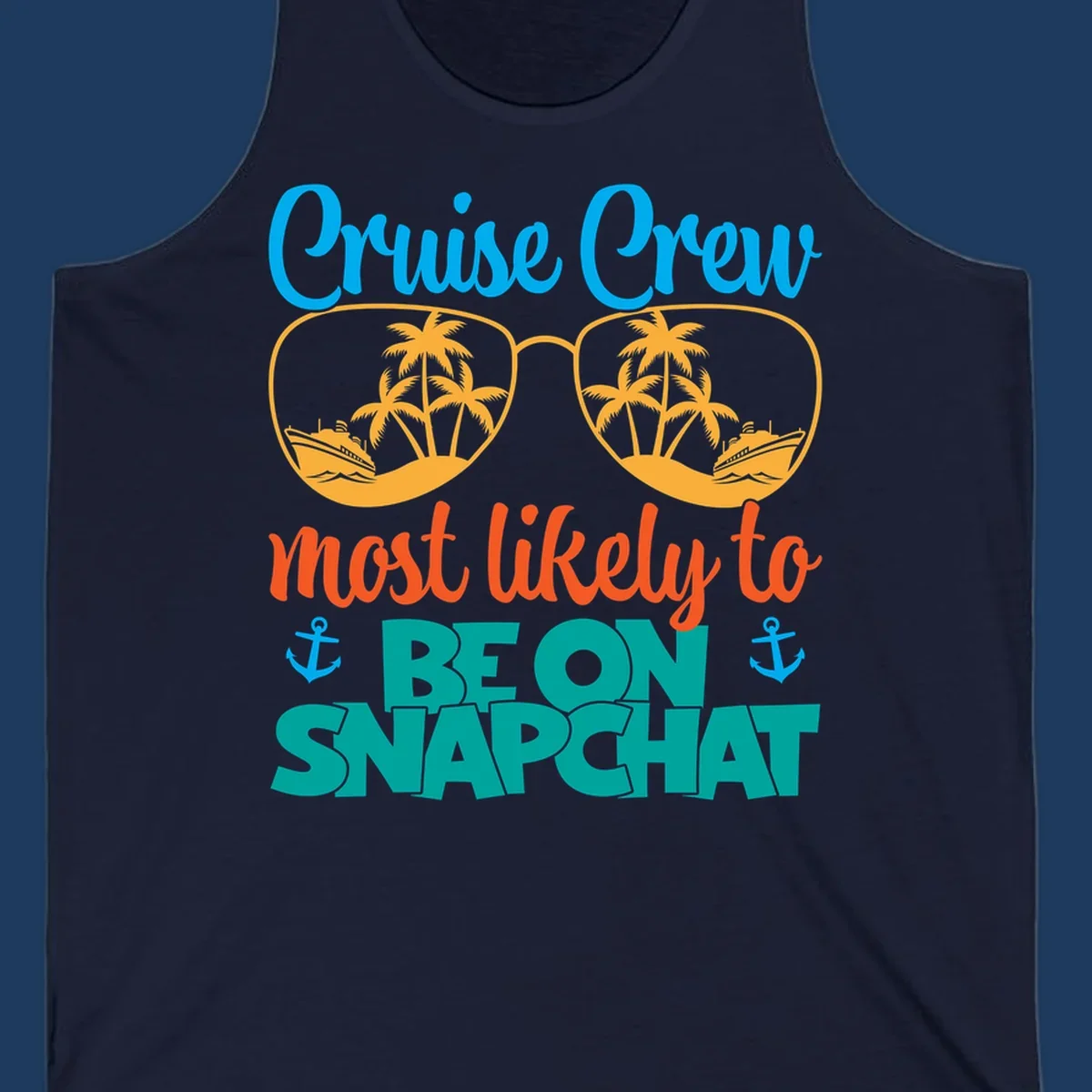 Colorful cruise crew snapchat design with sunglasses containing palm trees and ships, tropical nautical theme