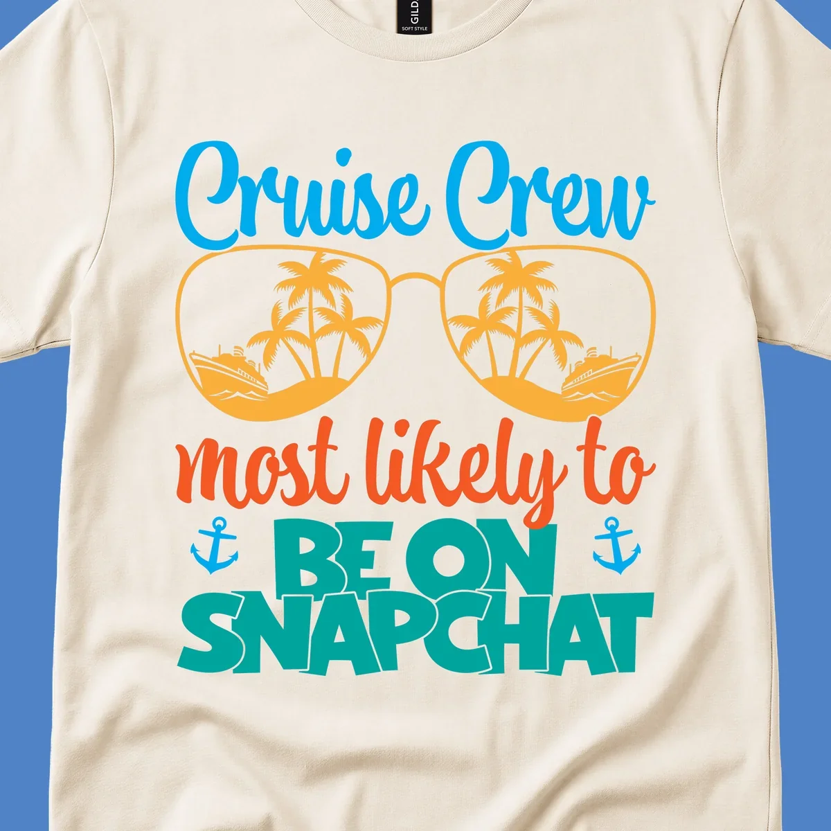 Colorful cruise crew snapchat design with sunglasses containing palm trees and ships, tropical nautical theme