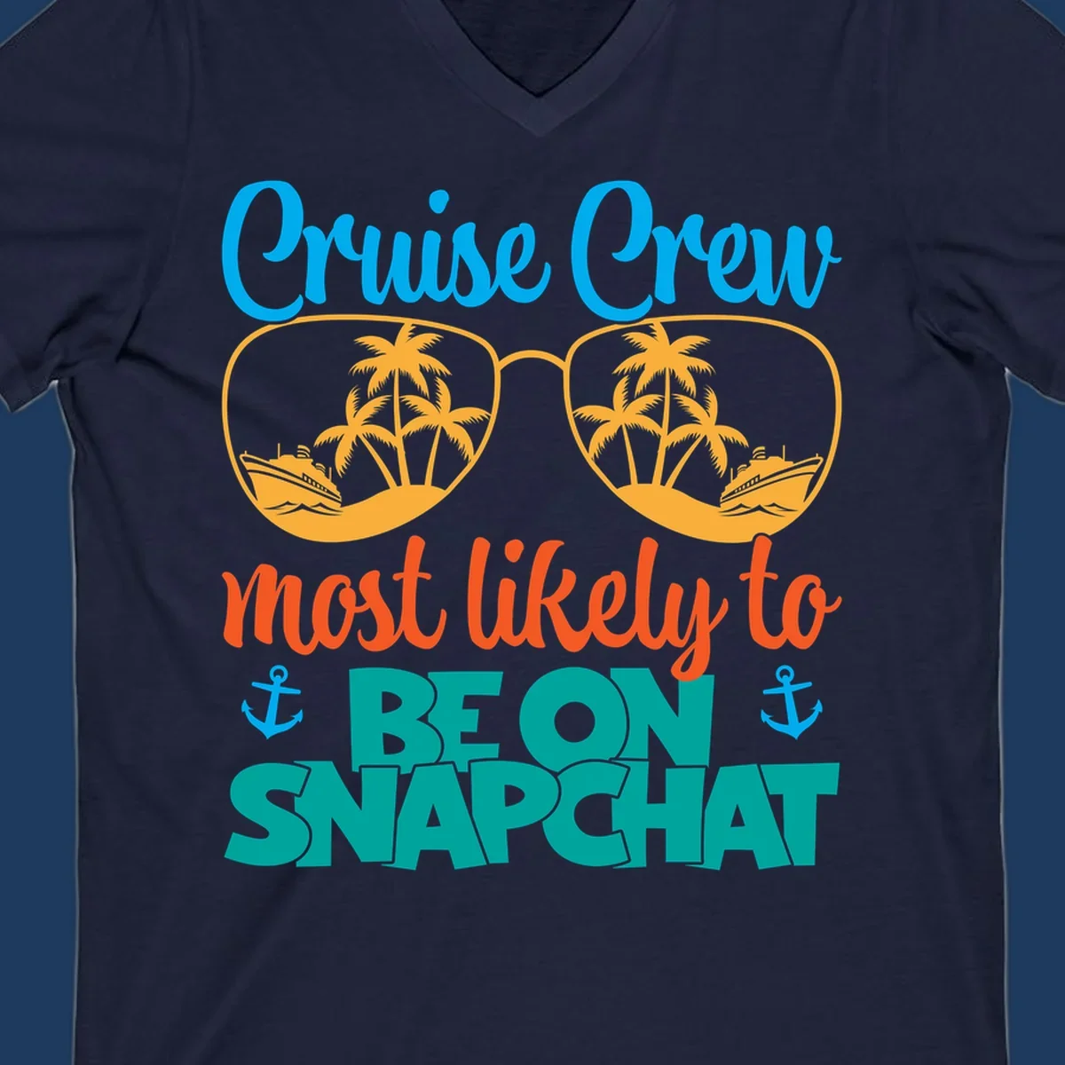 Colorful cruise crew snapchat design with sunglasses containing palm trees and ships, tropical nautical theme