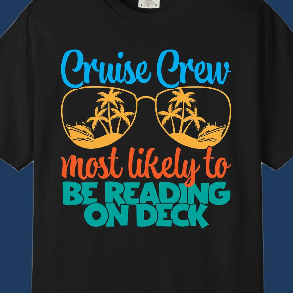 Cruise crew reading ondeck design with sunglasses containing tropical beach and ship scenes, playful text overlay