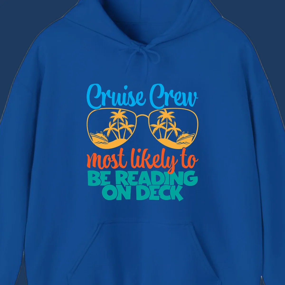 Cruise crew reading ondeck design with sunglasses containing tropical beach and ship scenes, playful text overlay