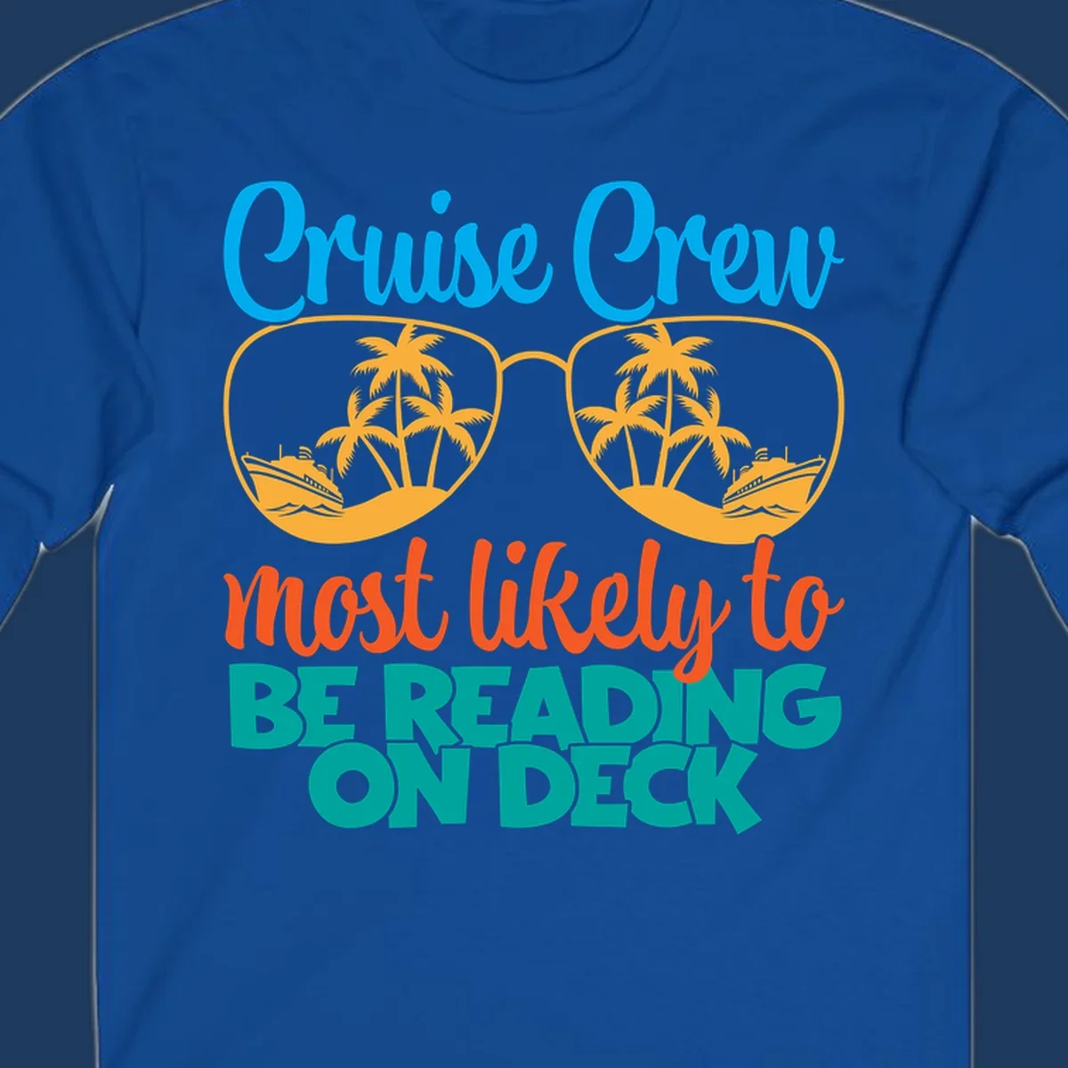 Cruise crew reading ondeck design with sunglasses containing tropical beach and ship scenes, playful text overlay