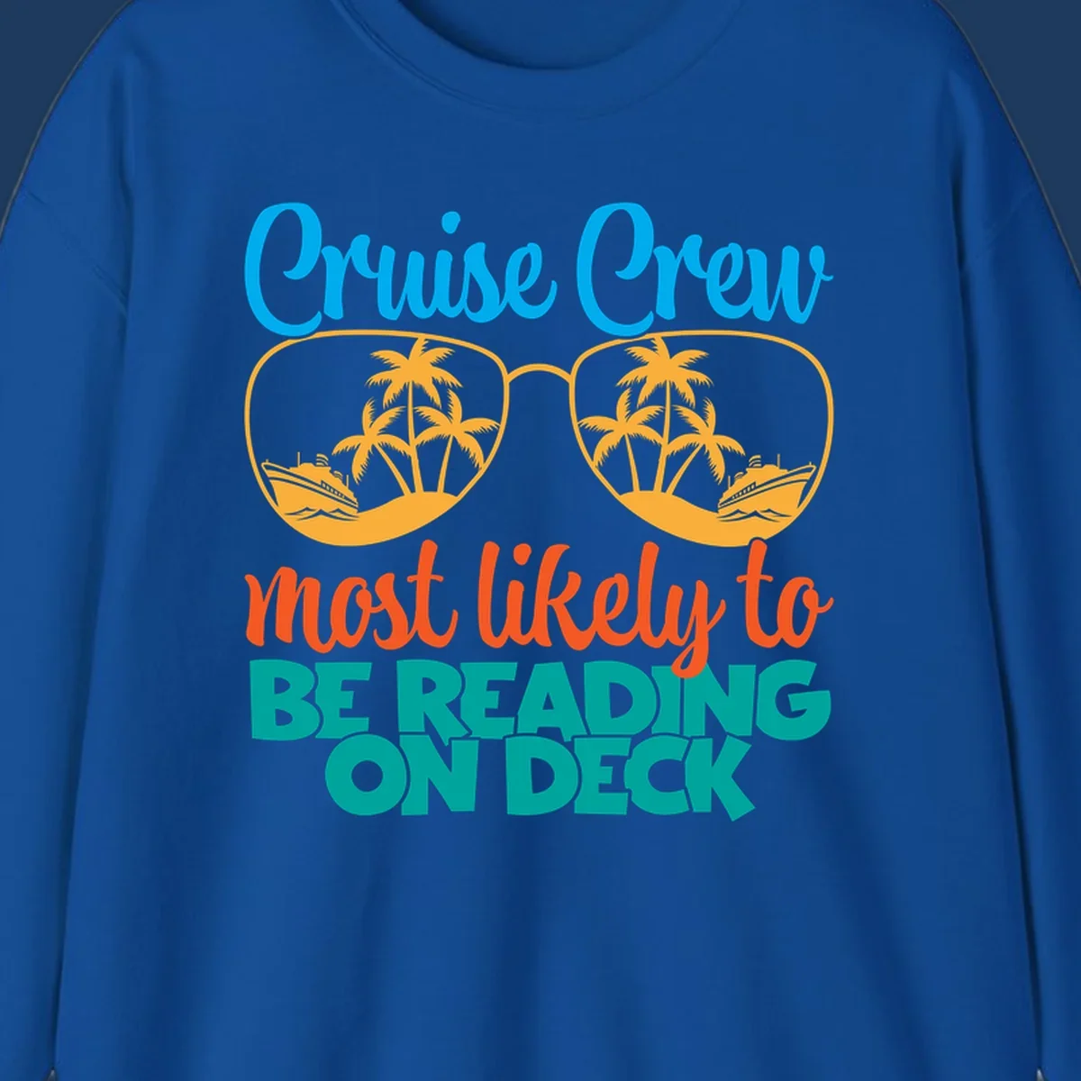 Cruise crew reading ondeck design with sunglasses containing tropical beach and ship scenes, playful text overlay